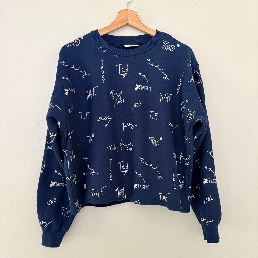 Teddy Fresh Sweatshirt All Over Print L Navy Blue Cropped Graphic Streetwear